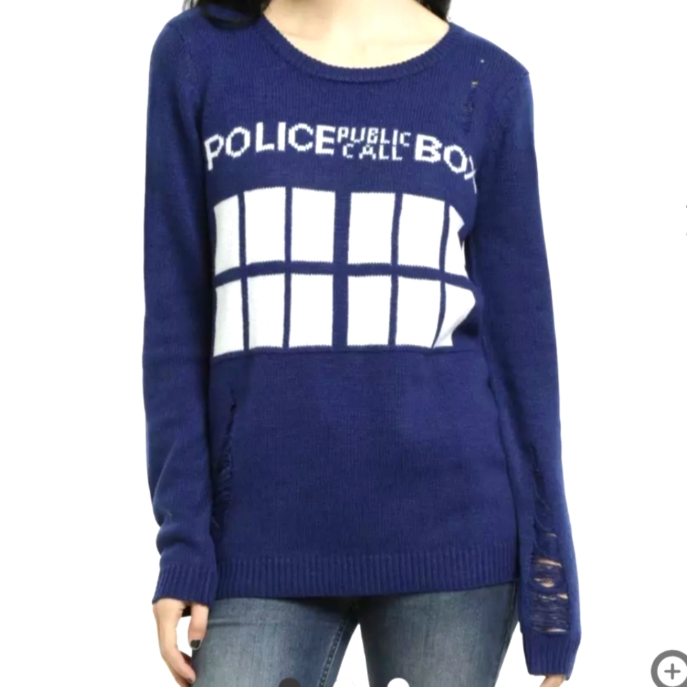 Dr. Who Thrashed Distressed Blue Sweater M